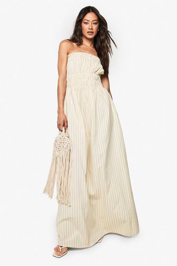Tall Linen Look Stripe Shirred Maxi Dress ecru