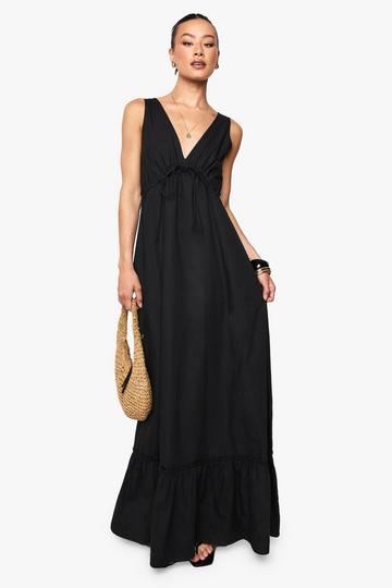 Tall Cotton Poplin Ruched Tiered Maxi Dress black