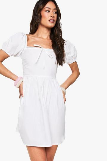 Tall Cotton Poplin Puff Sleeve Mini Dress white