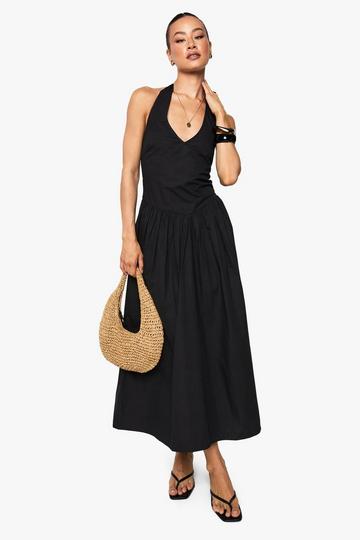 Tall Cotton Poplin Halterneck Midi Dress black