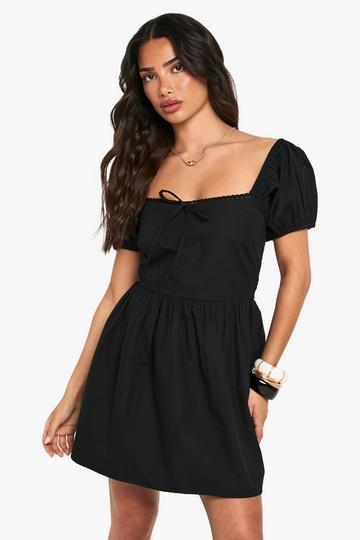 Petite Cotton Poplin Puff Sleeve Mini Dress black