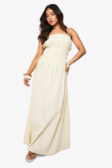 Petite Linen Look Stripe Shirred Maxi Dress ecru