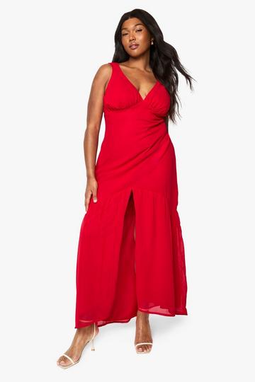 Plus Chiffon Underbust Godet Maxi Dress red