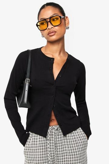 Rib Button Through Long Sleeve Top black
