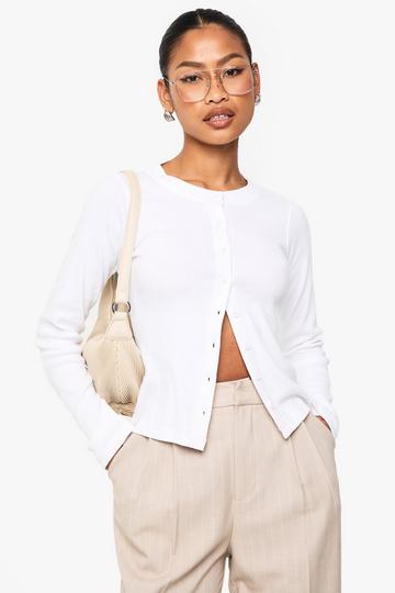 Rib Button Through Long Sleeve Top white