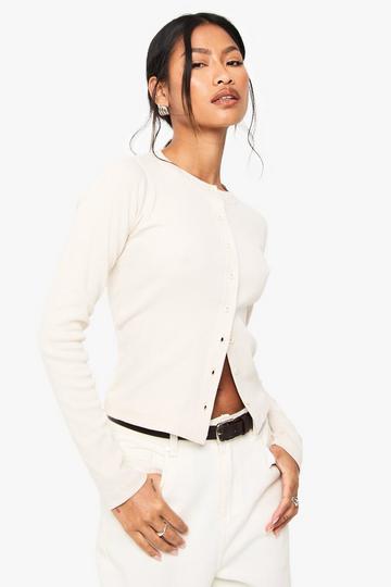 Rib Button Through Long Sleeve Top stone