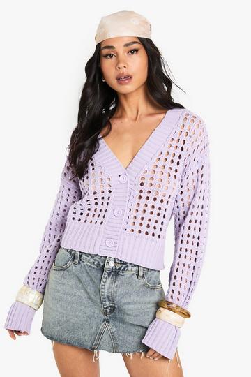 Lilac Purple Crochet Knitted Button Down Cardigan