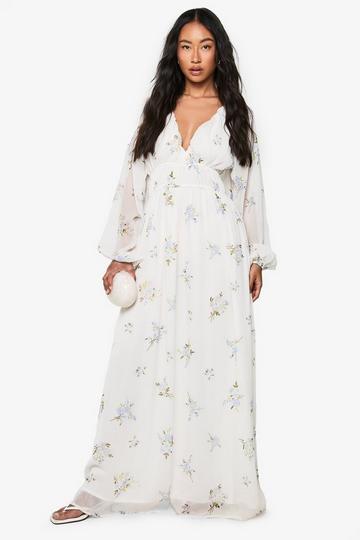 Chiffon Floral Volume Sleeve Ruched Waist Maxi Dress ivory