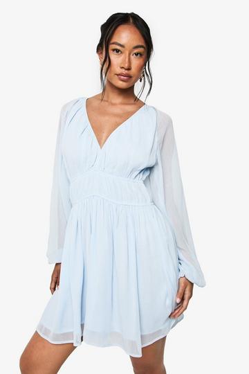 Chiffon Volume Sleeve Ruched Waist Mini Dress powder blue