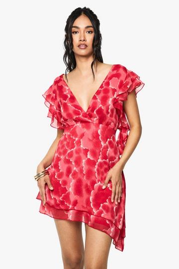 Floral Chiffon Ruffle Detail Mini Dress red