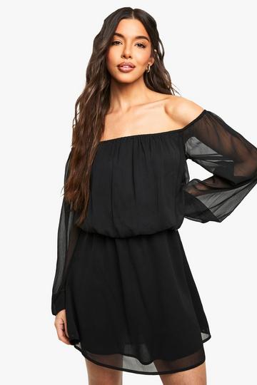 Chiffon Bardot Sleeve Asymmetric Mini Dress black