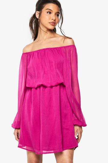 Magenta Pink Chiffon Bardot Sleeve Asymmetric Mini Dress