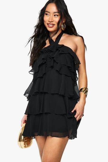 Halterneck Tie Ruffled Tiered Mini Dress black