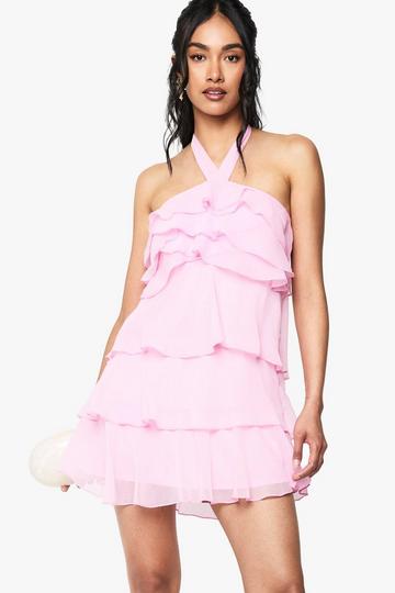Mini Jurk Met Halter Neck, Ceintuur, Ruches En Laagjes baby pink