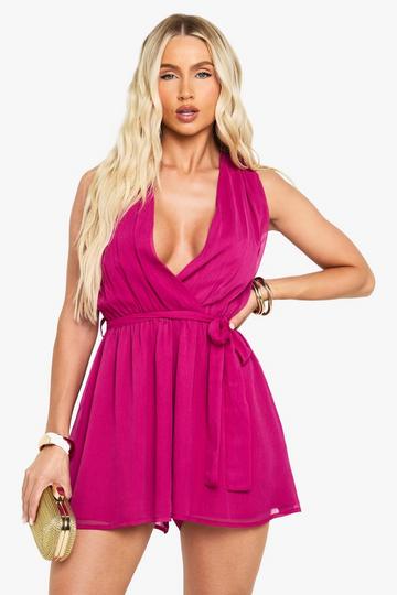 Chiffon Plunge Belted Playsuit magenta