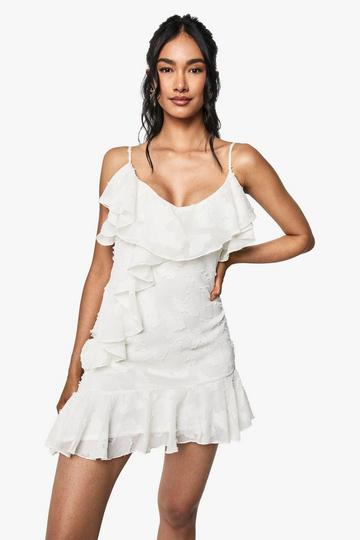 Burnout Bloemen Mini Jurk Met Ruches ivory