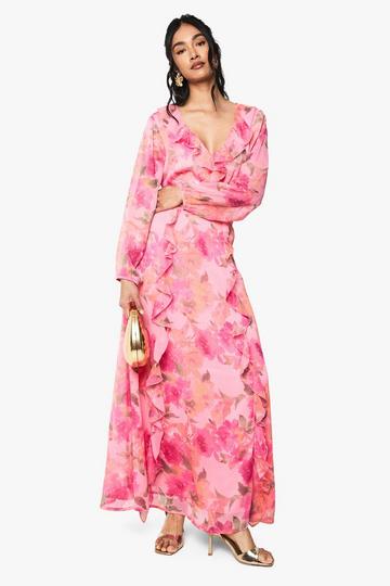 Floral Chiffon Volume Sleeve Maxi Dress pink
