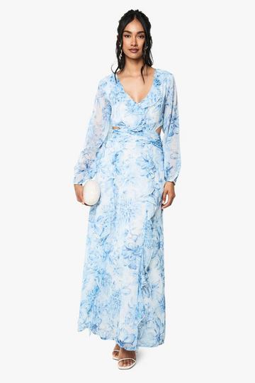 Floral Chiffon Volume Sleeve Maxi Dress blue