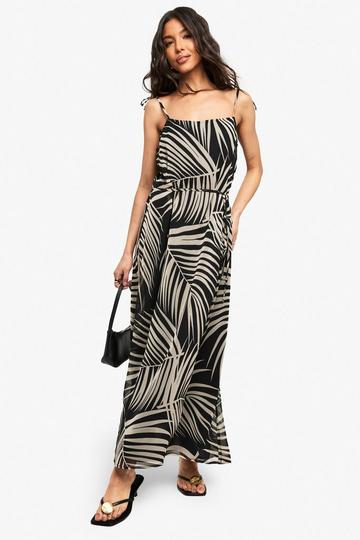 Palm Print Tie Detail Chiffon Midaxi Dress black