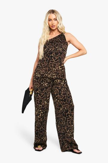 Leopard Print Chiffon Wide Leg Jumpsuit brown