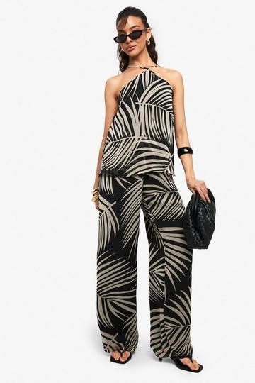 Palm Print Chiffon Wide Leg Jumpsuit black