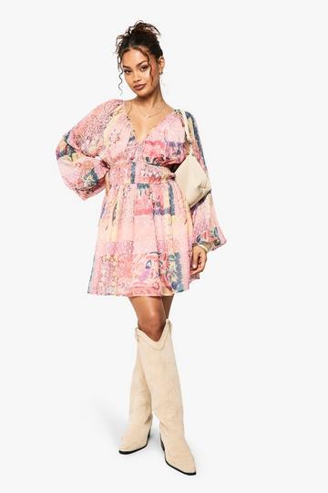 Paisley Chiffon Volume Sleeve Ruched Waist Mini Dress pink