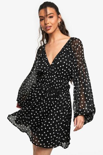 Paisley Polka Dot Chiffon Volume Sleeve Ruched Waist Mini Dress black