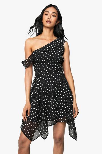 Polka Dot Asymmetric Tie Detail Hanky Hem Mini Dress black