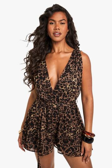 Leopard Chiffon Plunge Belted Playsuit brown