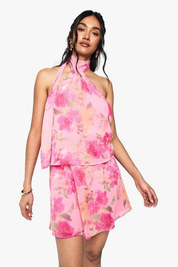 Floral Chiffon Scarf Detail Mini Dress pink