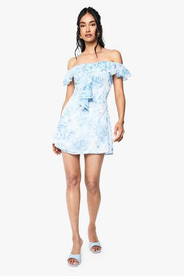 Floral Bardot Ruffle Detail Godet Mini Dress blue