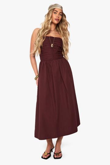 Cotton Poplin Ruched Detail Midi Dress chocolate