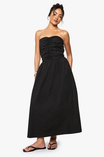 Cotton Poplin Ruched Detail Midi Dress black