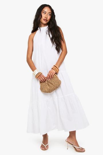 Cotton Poplin High Neck Tiered Smock Dress white