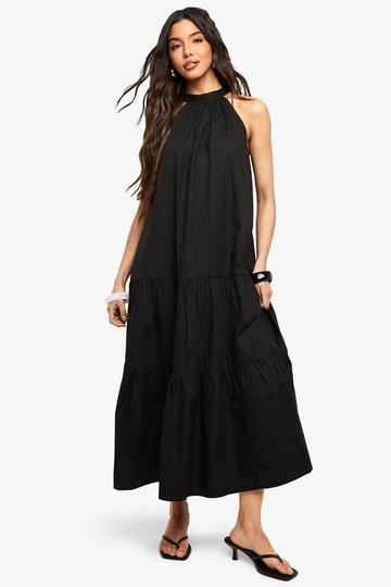 Cotton Poplin High Neck Tiered Smock Dress black