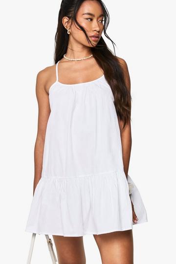 Cotton Poplin Strappy Tiered Swing Mini Dress white