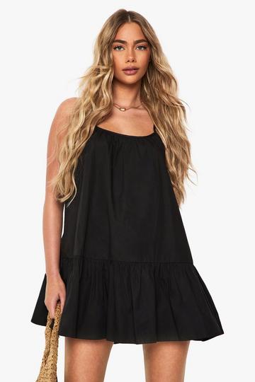 Cotton Poplin Strappy Tiered Swing Mini Dress black