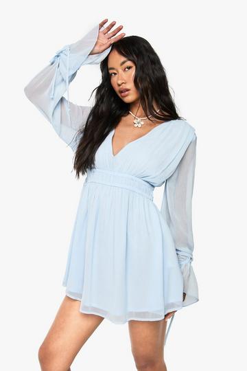 Chiffon Long Sleeved Shirred Mini Dress powder blue