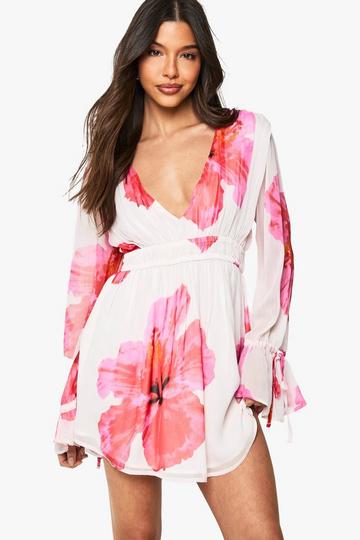 Floral Chiffon Long Sleeved Shirred Mini Dress pink
