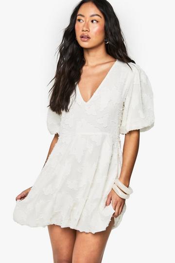Floral Burnout Plunge Puffball Mini Dress ivory