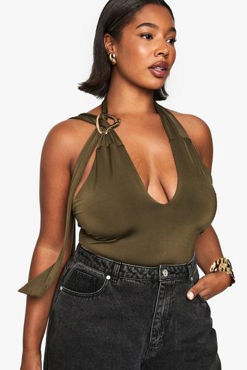 PLUS HALTER KEYHOLE RUCHED SIDE TOP olive
