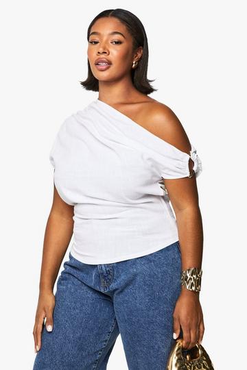 Plus Linen Look Trim Detail Slouchy Top white