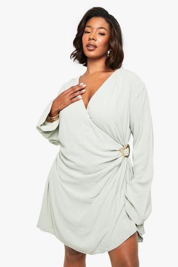 Plus Trim Detail Wrap Linen Look Dress sage