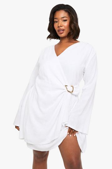 Plus Trim Detail Wrap Linen Look Dress white