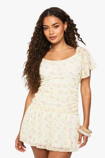Ditsy Floral Mesh Angel Sleeve Ruched Mini Dress lemon
