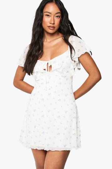 Ditsy Floral Mesh Angel Sleeve Tie Front Mini Dress ivory