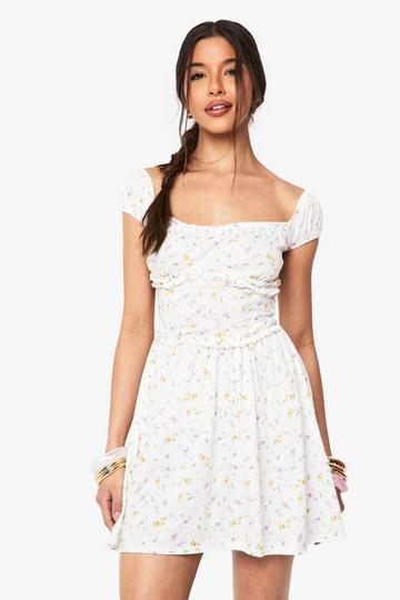 Ditsy Floral Puff Sleeve Skater Dress ivory