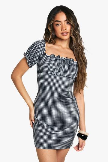 Gesmokte Gingham Jurk Met Pofmouwen black