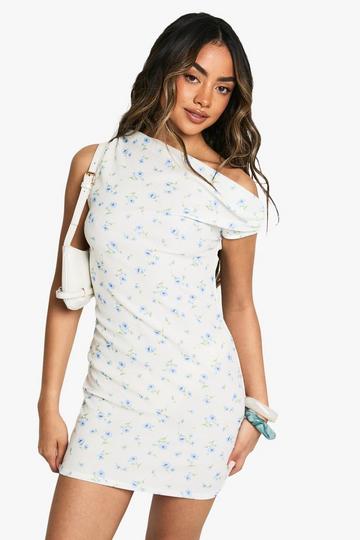 Textured Floral Draped Neck Mini Dress ivory