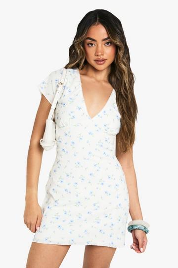 Textured Floral Angel Sleeve Mini Dress ivory